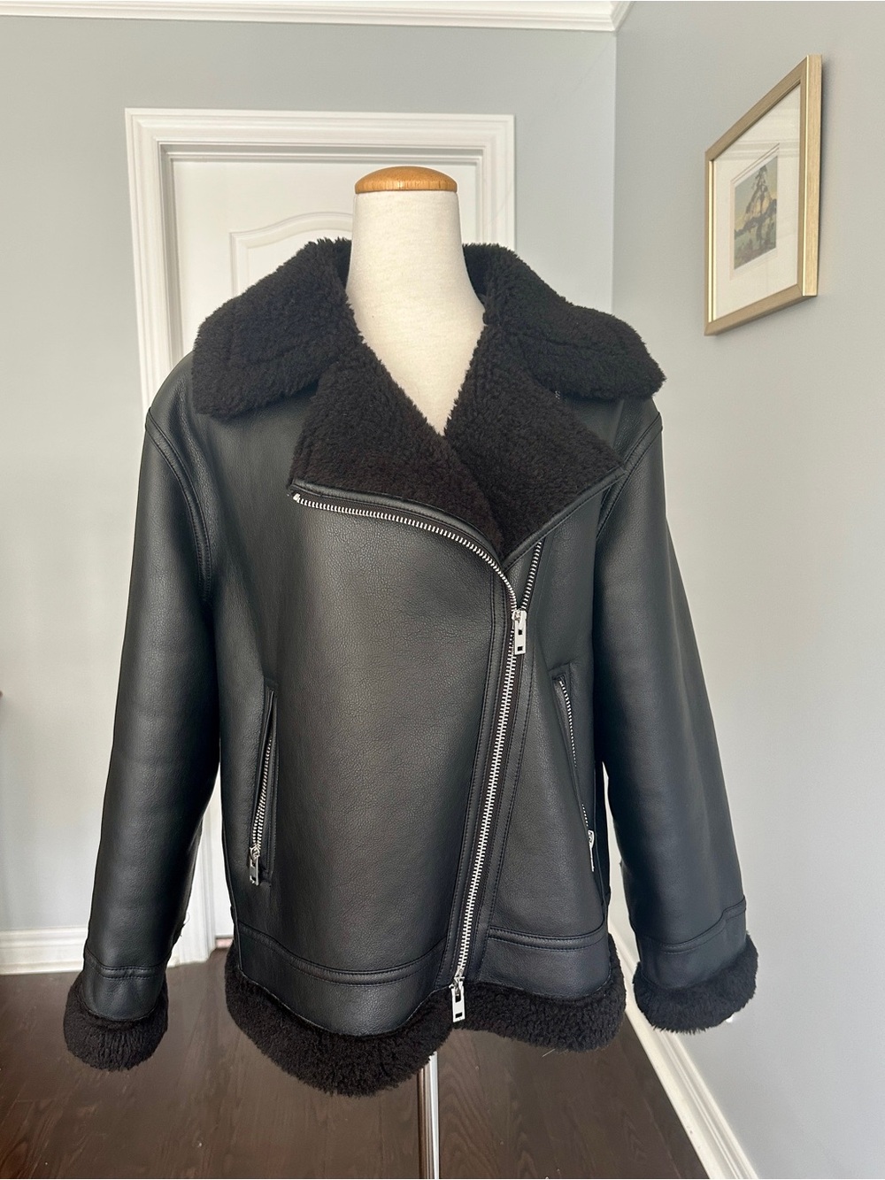 MANGO Black Faux Shearling Moto Jacket - M